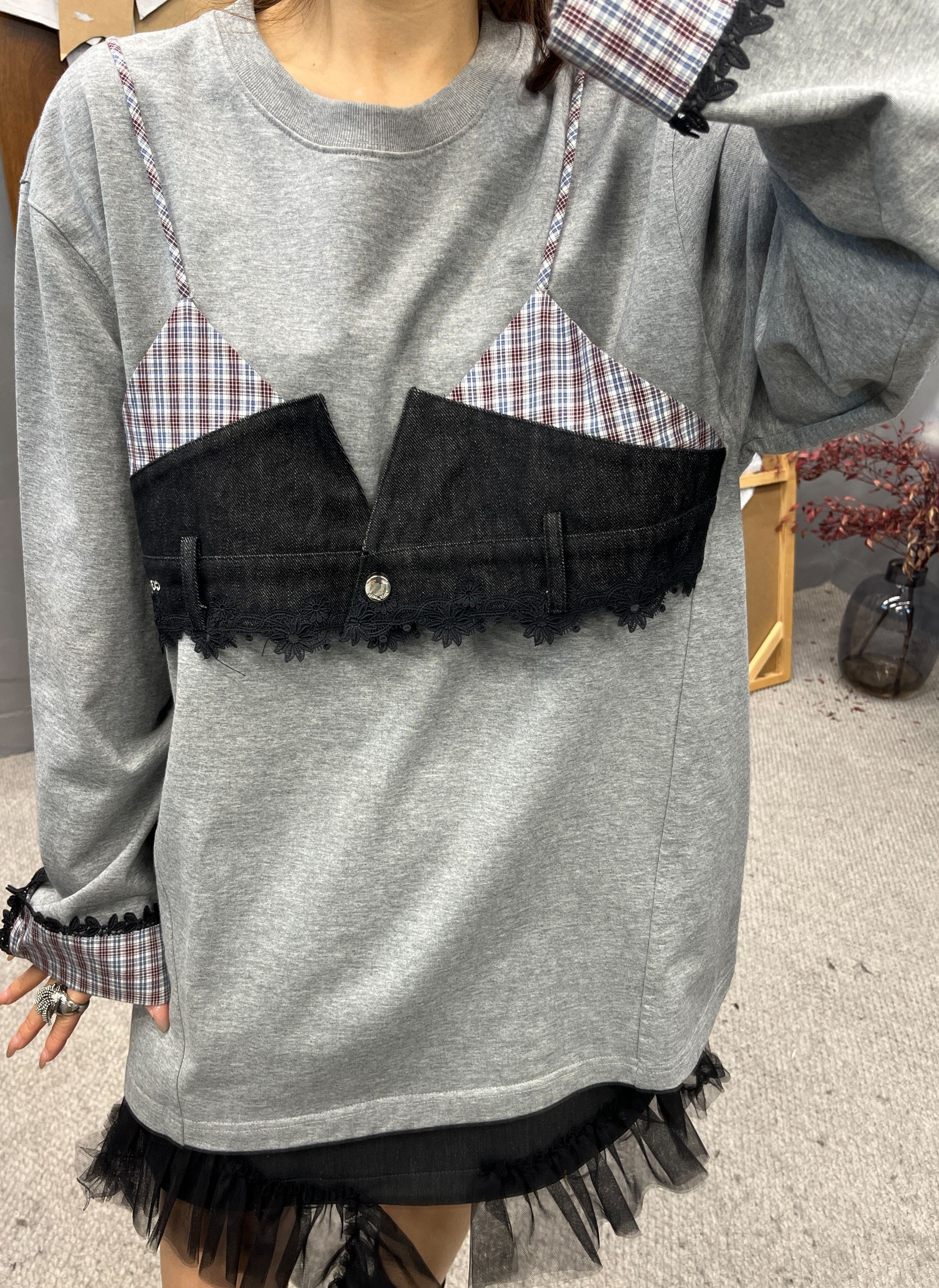 拼接宽松型学院风牛仔抗起球长袖韩版T恤加绒针织3716