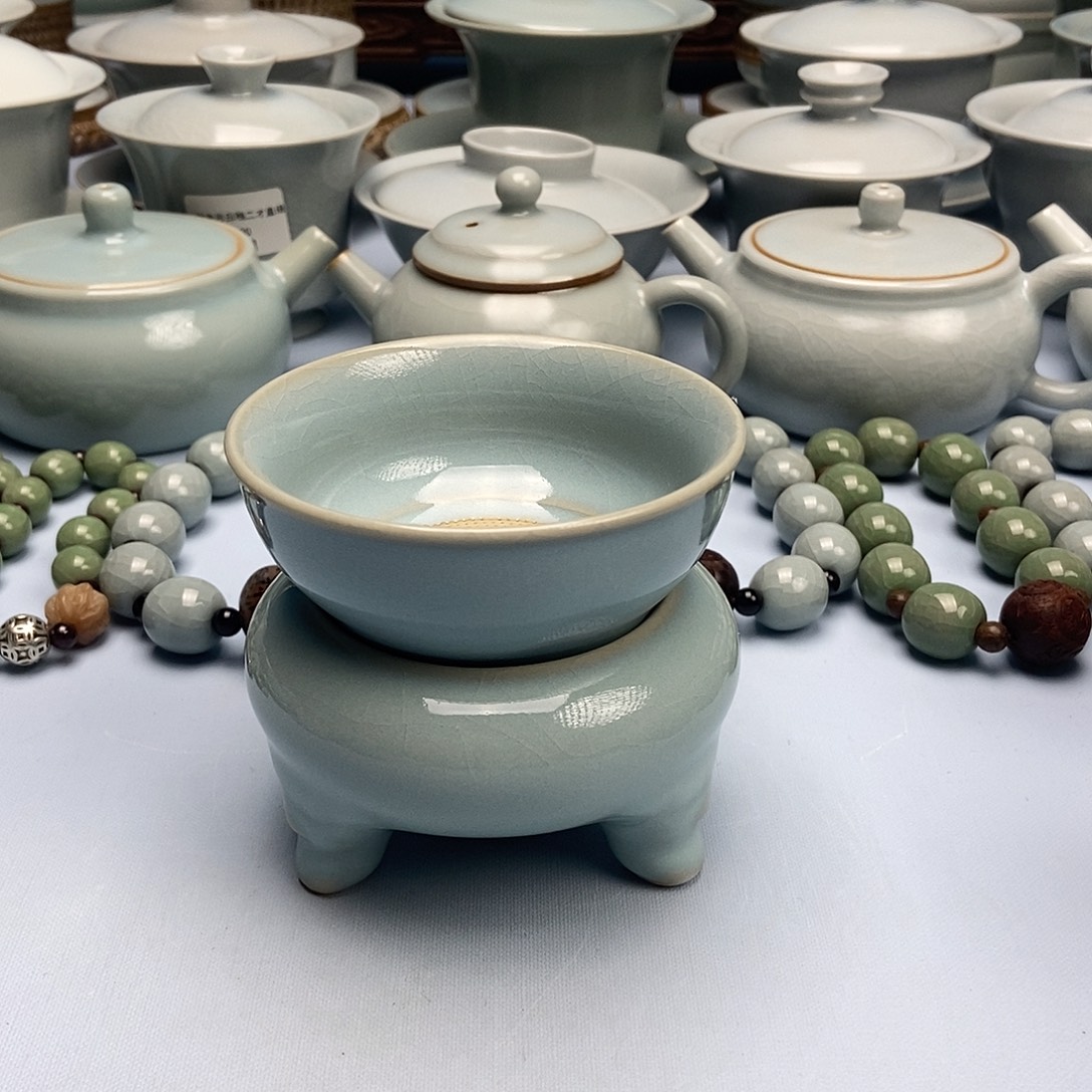 杯仿古天青微蓝三足茶漏原矿原釉原产地