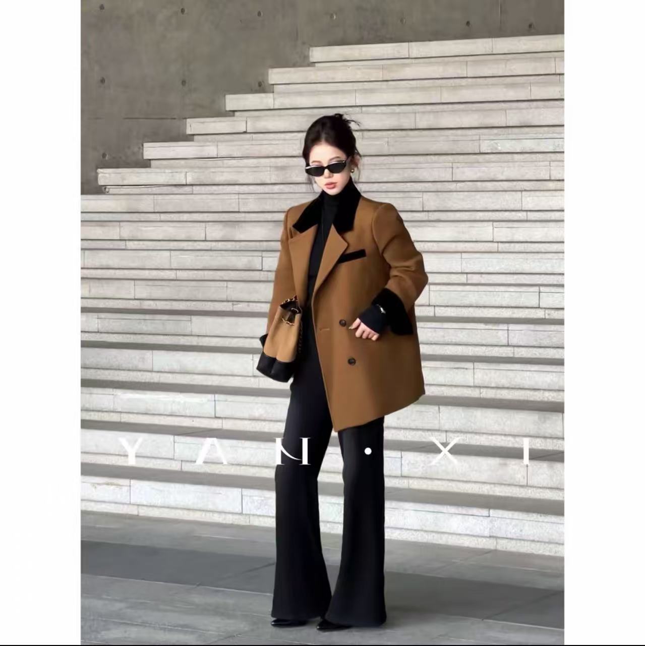 【伦敦旧梦】撞色拼接复古长袖西装气质羽绒外套显瘦时尚宽松秋冬