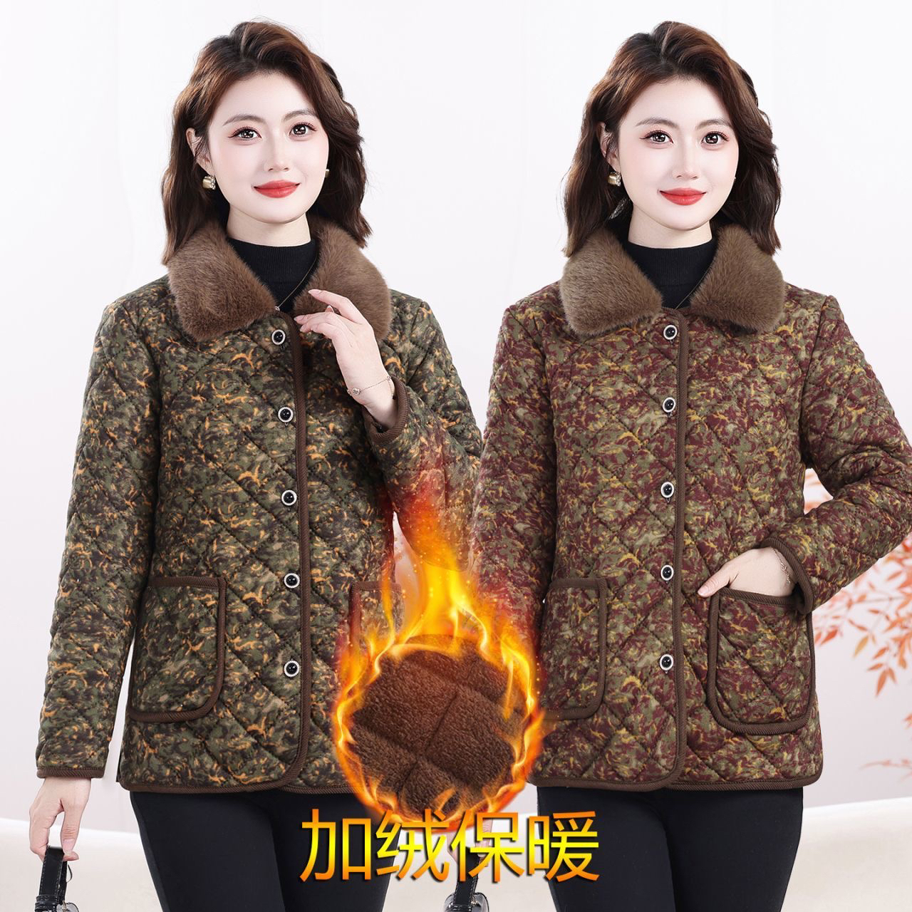 中老年妈妈秋冬加绒加厚碎花翻领外穿棉衣妈妈装保暖老年人短款