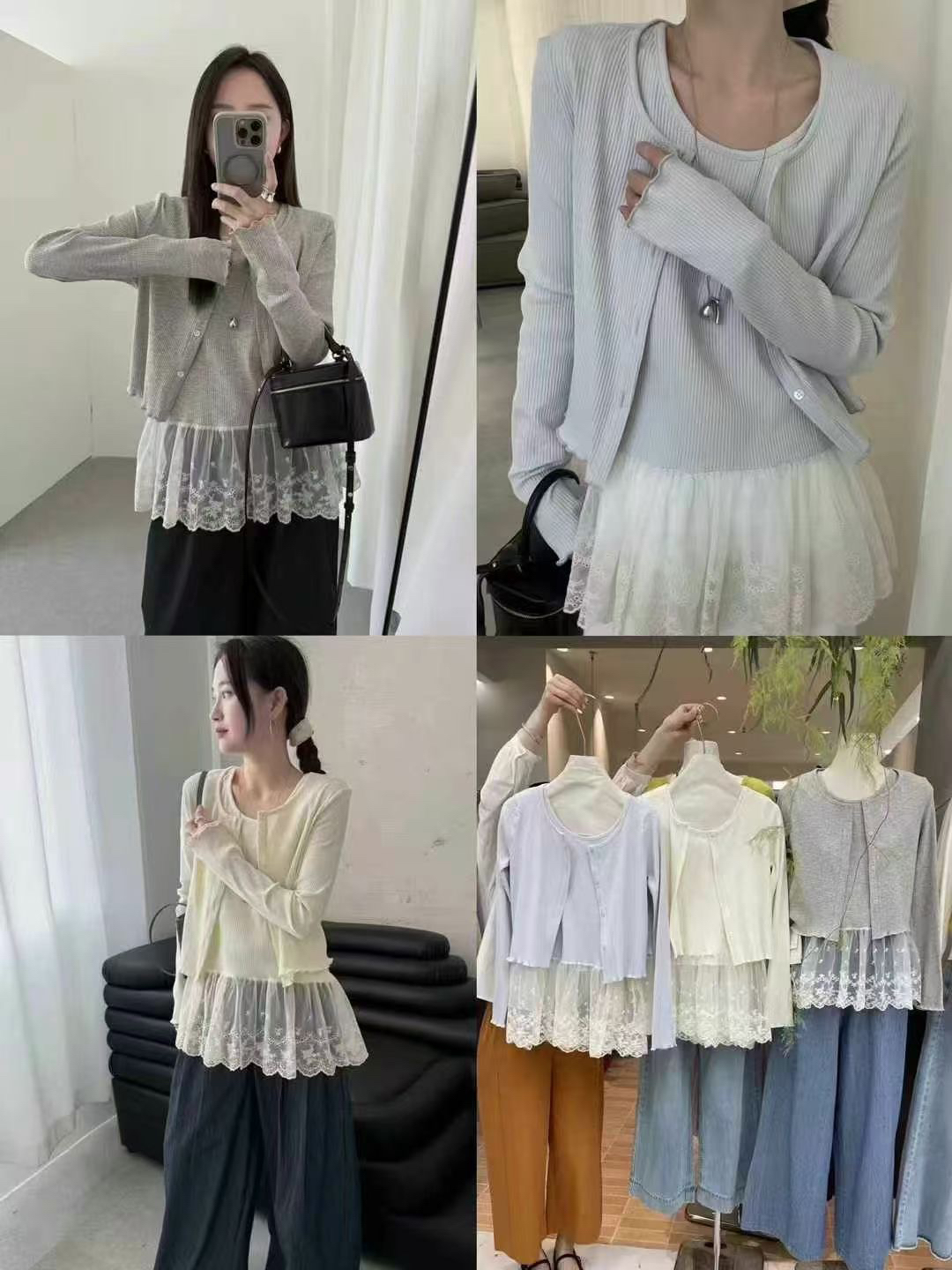 宽松型女常规款春季拼接毛针织衫毛衣蕾丝设计师开衫设计感