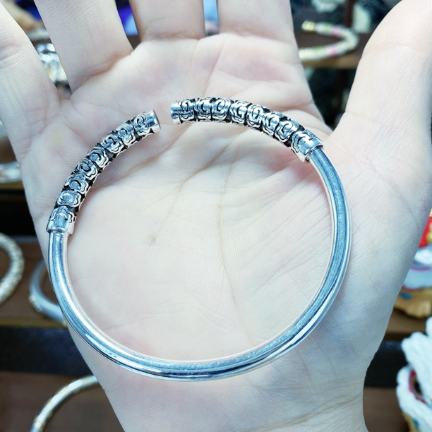 足银手镯 61号【复古光面箍棒】足银999祥云纹纯银开口手镯实心