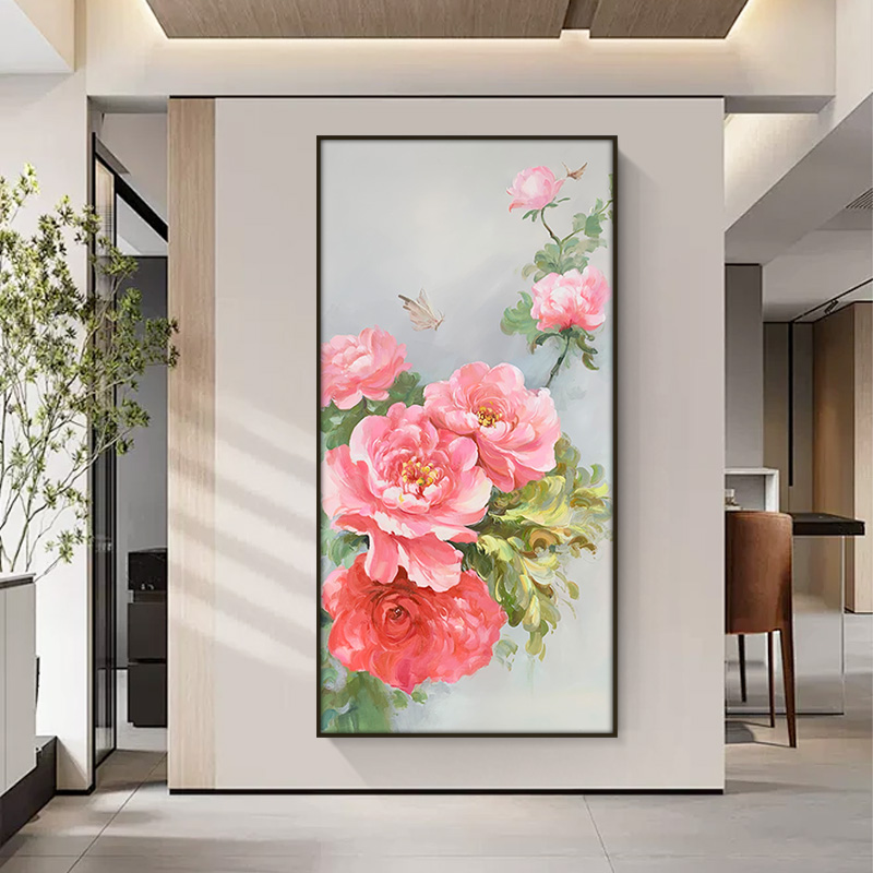手绘油画花开富贵粉色牡丹花卉新中式油画玄关装饰画简约走廊挂画