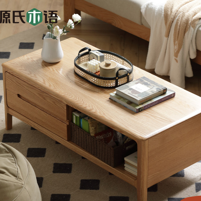 源氏木语三抽一隔橡木茶几现代家用客厅大容量茶桌原木茶桌Y9041