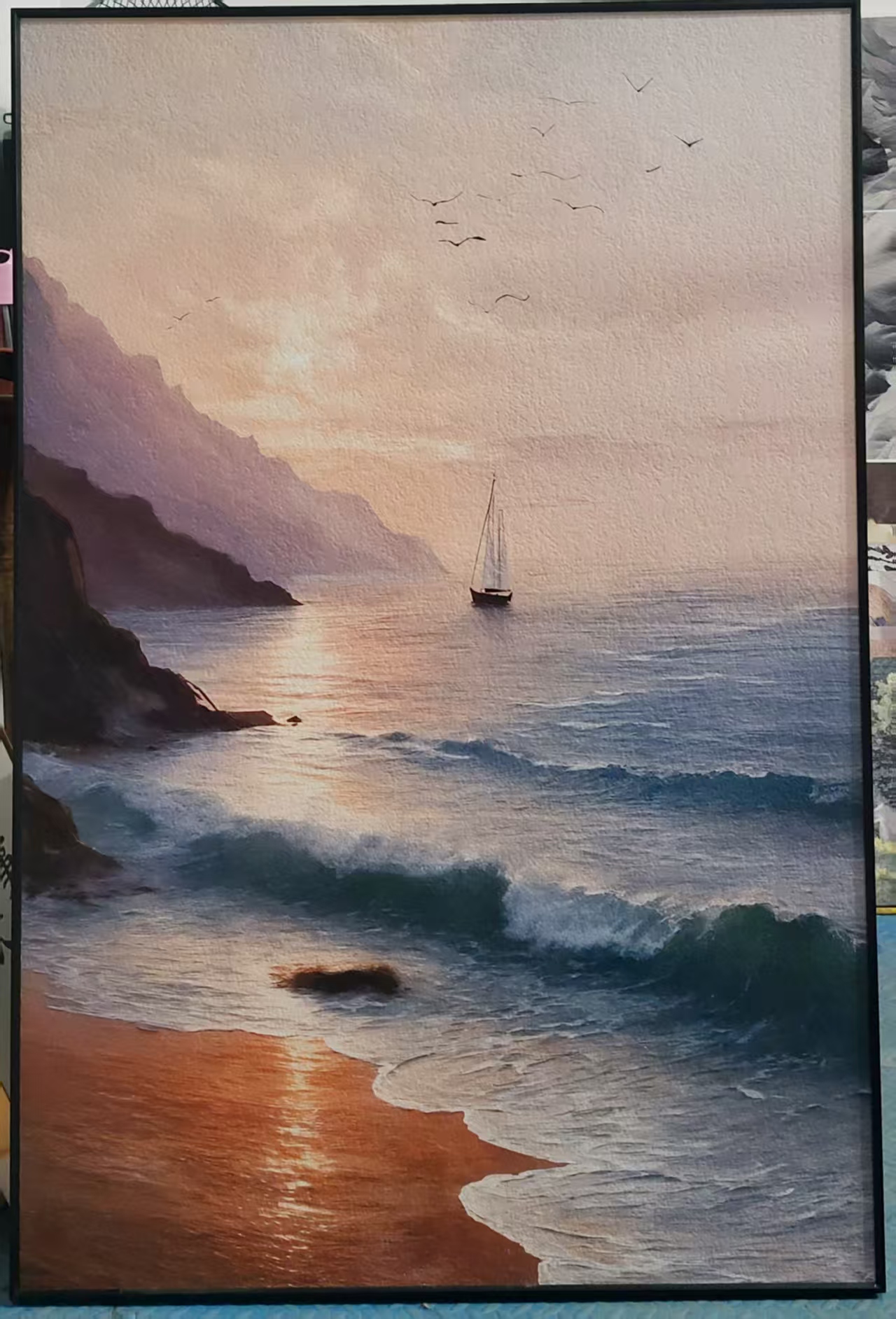 一帆风顺玄关挂画现代简约客厅风生水起海景砂岩装饰画