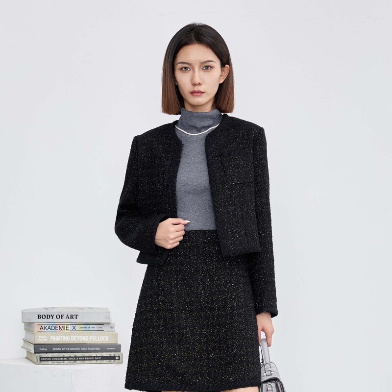 【粉丝专享】圣迪奥小香风气质短款时尚黑色复古秋冬外套S23482208