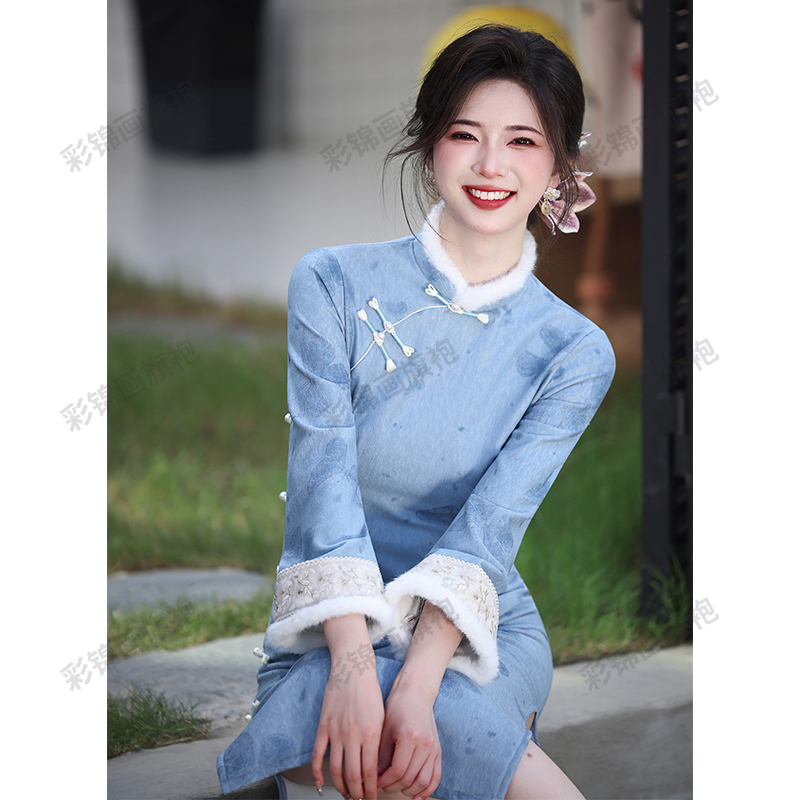 蓝色旗袍新中式秋冬季长袖长款女气质中国风年轻款苏州改良连衣裙