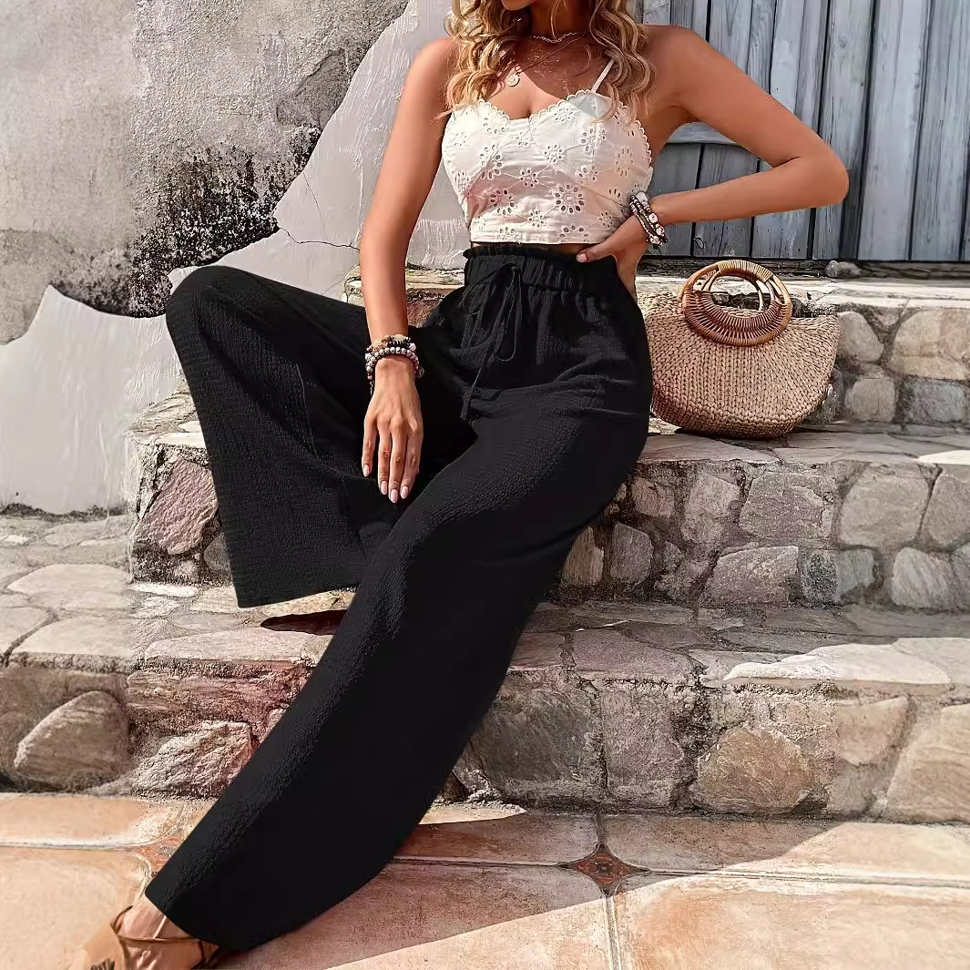 亚马逊temu欧美跨境女装2025春秋夏新款时尚百搭泡泡格休闲阔腿裤