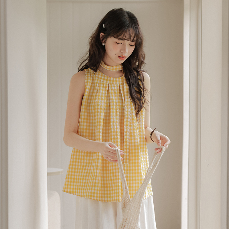 2025夏季新款韩版时尚减龄圆领格子无袖衬衫女设计感飘带背心上衣