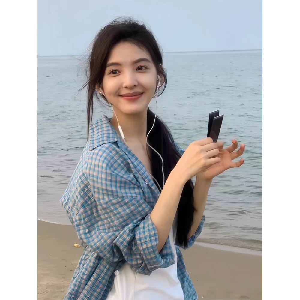 蓝色格子衬衫女新款早春休闲风宽松韩版外套复古百搭长袖POLO领聚
