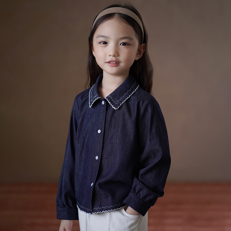 哈齿童装春秋儿童上衣撞色绣花衬衫女童牛仔衬衣中大童秋装25新款