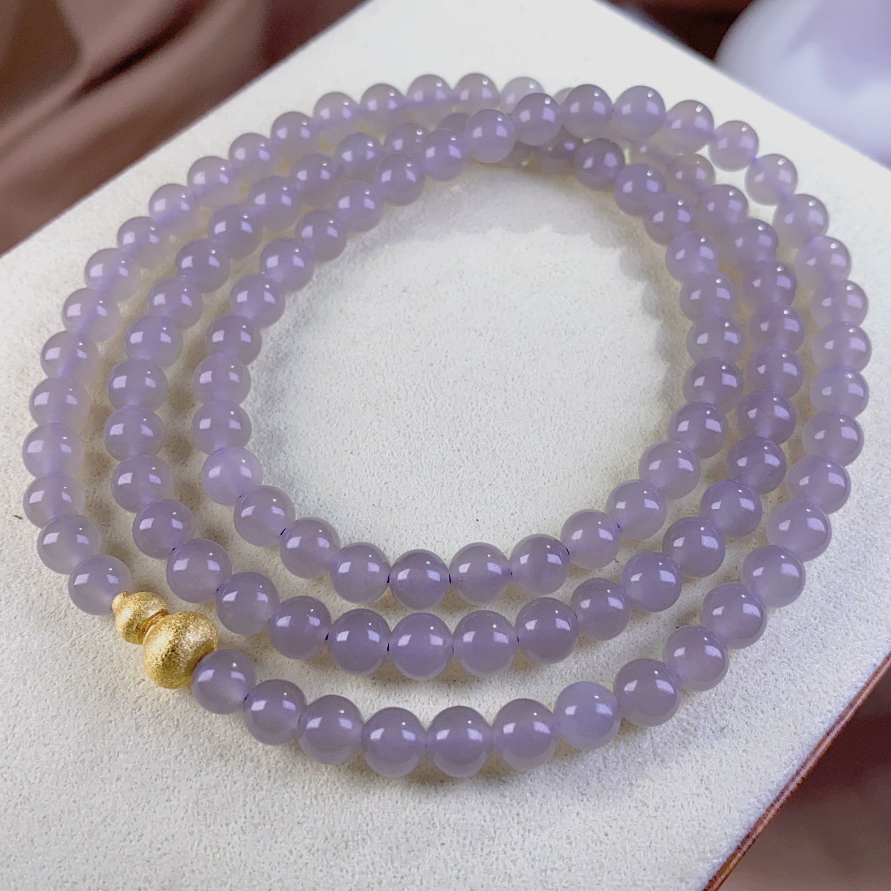 天然和田玉青海料精品冰烟紫圆珠约6mm银拉丝葫芦扣项链手链@0035