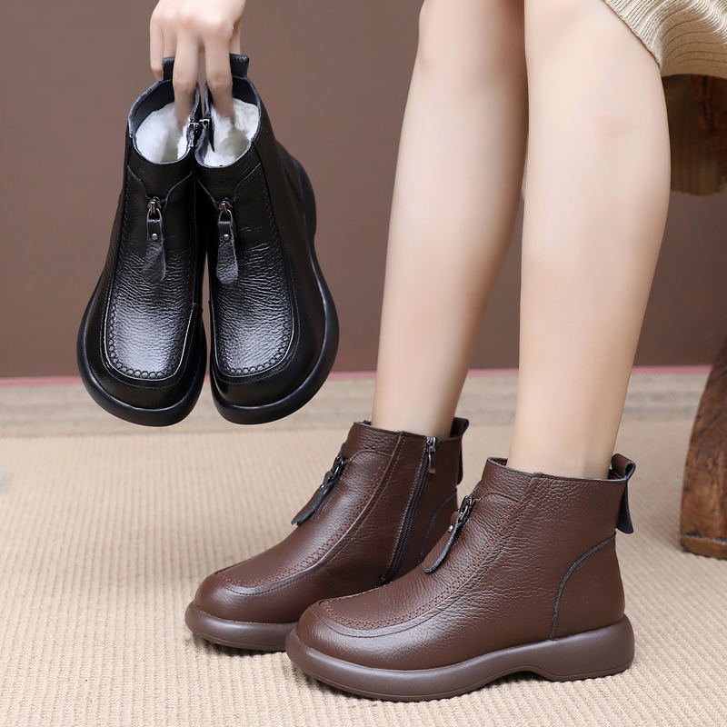 真皮保暖短靴软面软底妈妈鞋棉鞋加厚平底中年女鞋冬季防滑马丁靴