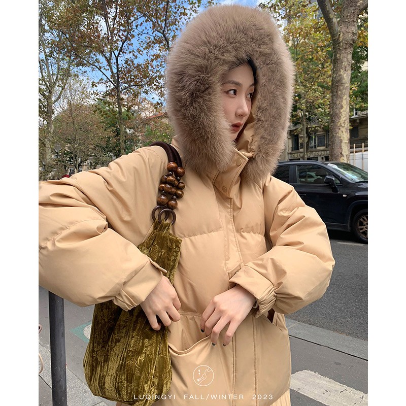 鹭青一香榭颂大毛领羽绒服女2025新款冬季中长款长过膝白鸭绒外套