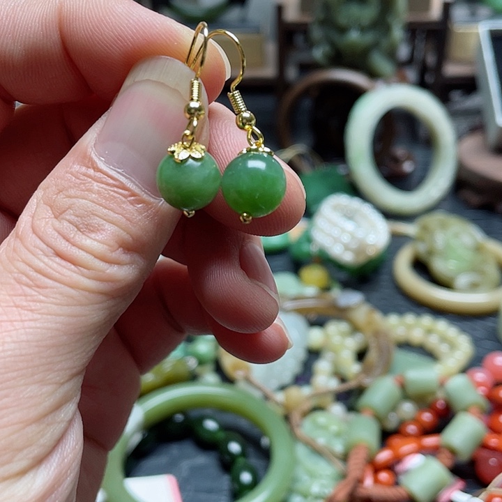 和田玉耳饰14K金镶嵌