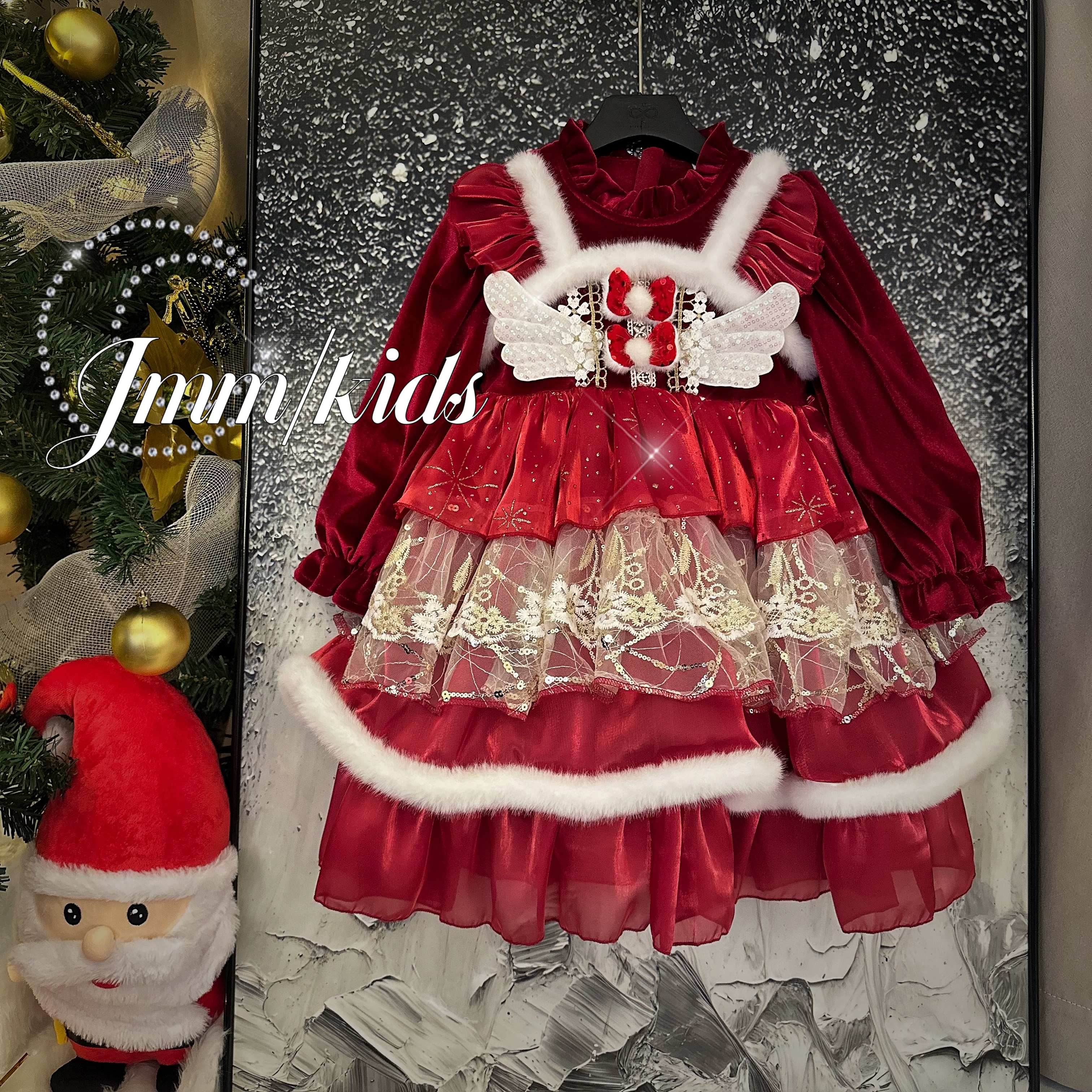 女童冬季圣诞洛丽塔公主裙加绒长袖洋气连衣裙孤品-红礼服裙A065