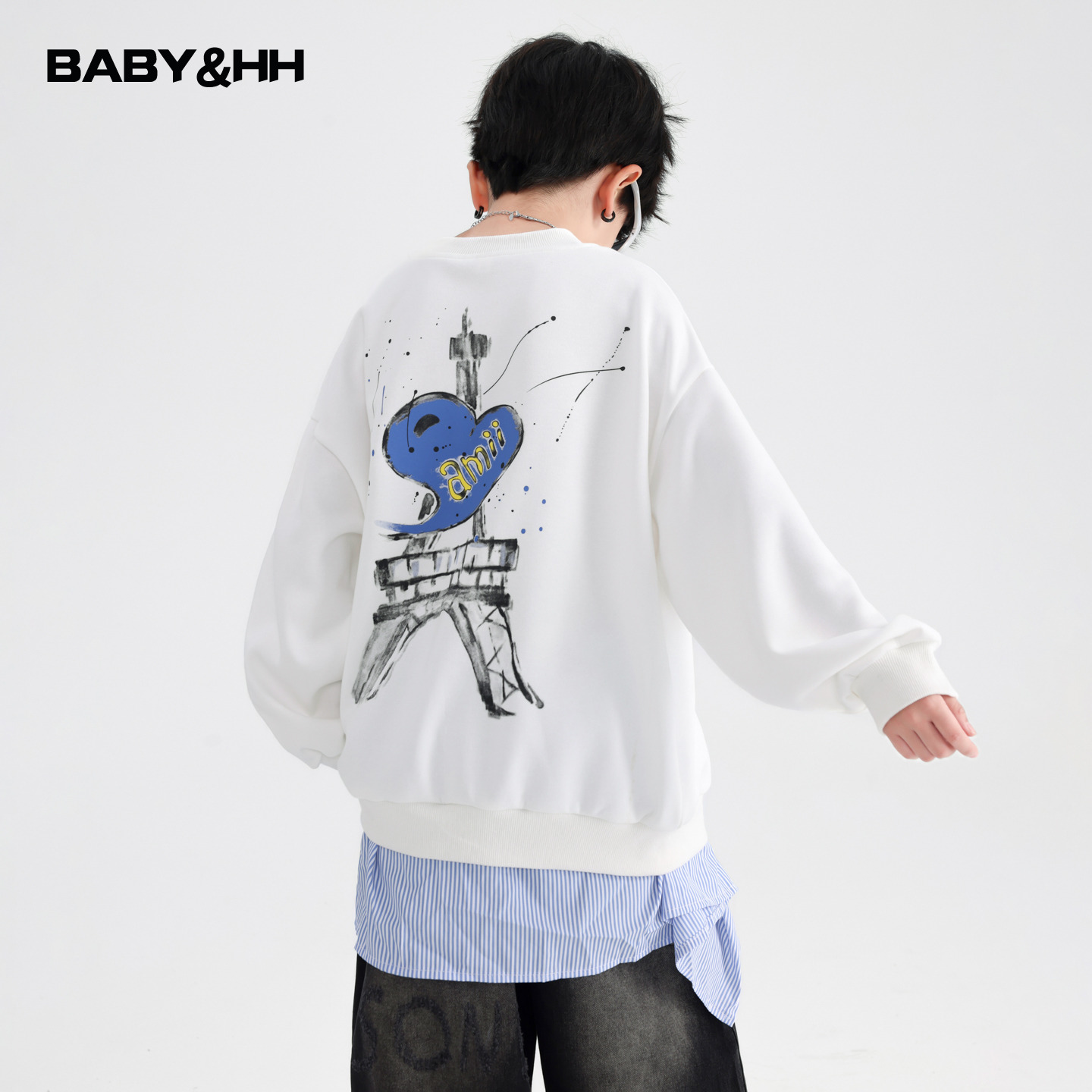 男童春秋韩范爱心涂鸦白色卫衣2025新款青少年儿童早秋季宽松上衣