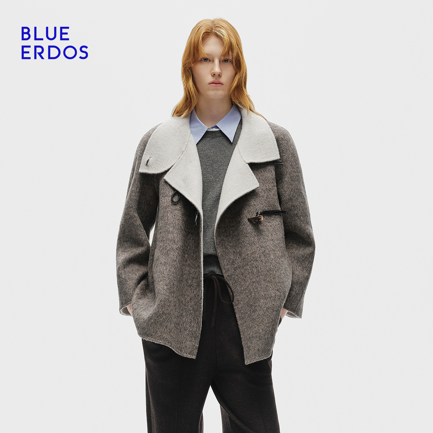 BLUE ERDOS2025秋冬新羊毛混纺撞色立领双面呢大衣女B256K4008