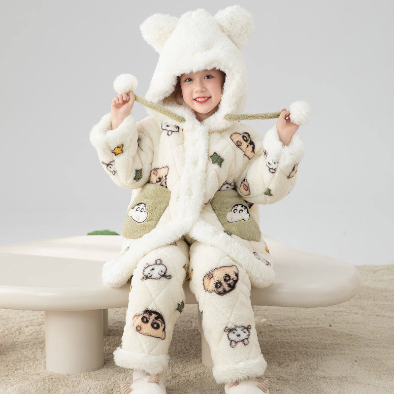 bejirog/北极绒休闲可外穿珊瑚绒三层夹棉女童冬季加厚睡袍两件套