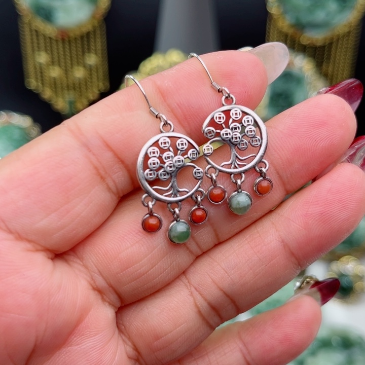 透闪石-蛇纹石玉耳坠银S925镶嵌