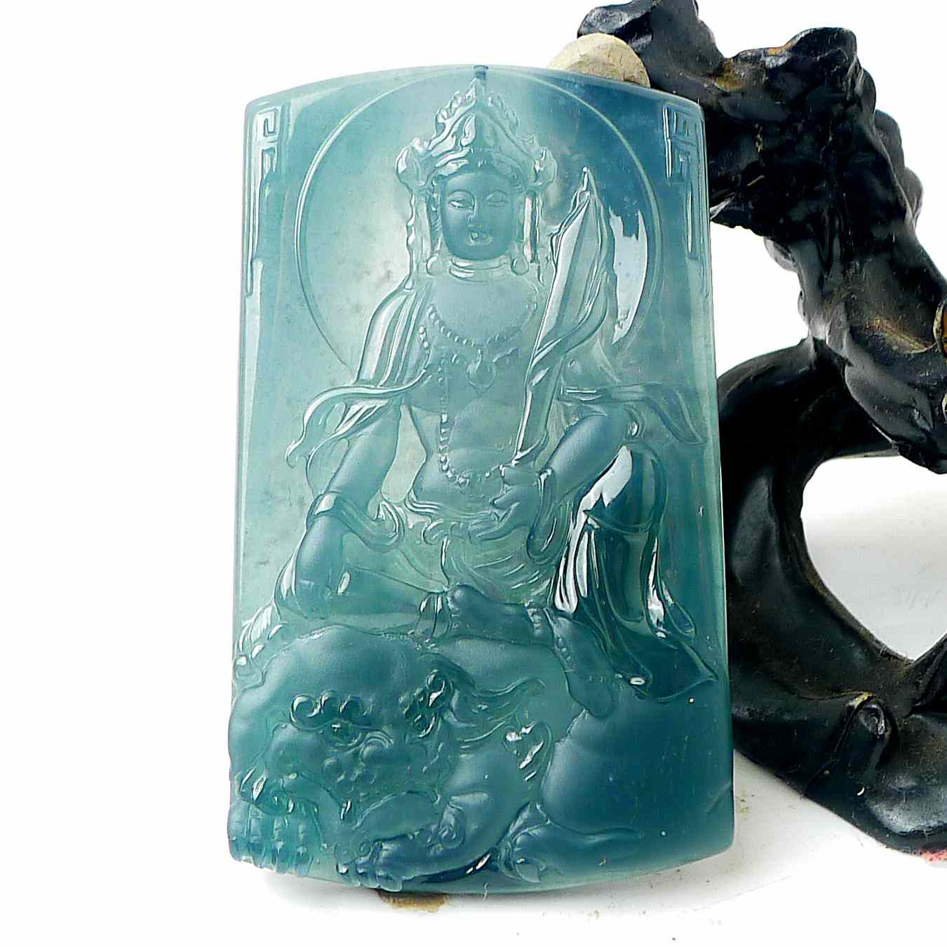 天然A货翡翠老坑高冰精雕天空蓝文殊菩萨吊坠挂件尺寸66.5-40-9mm