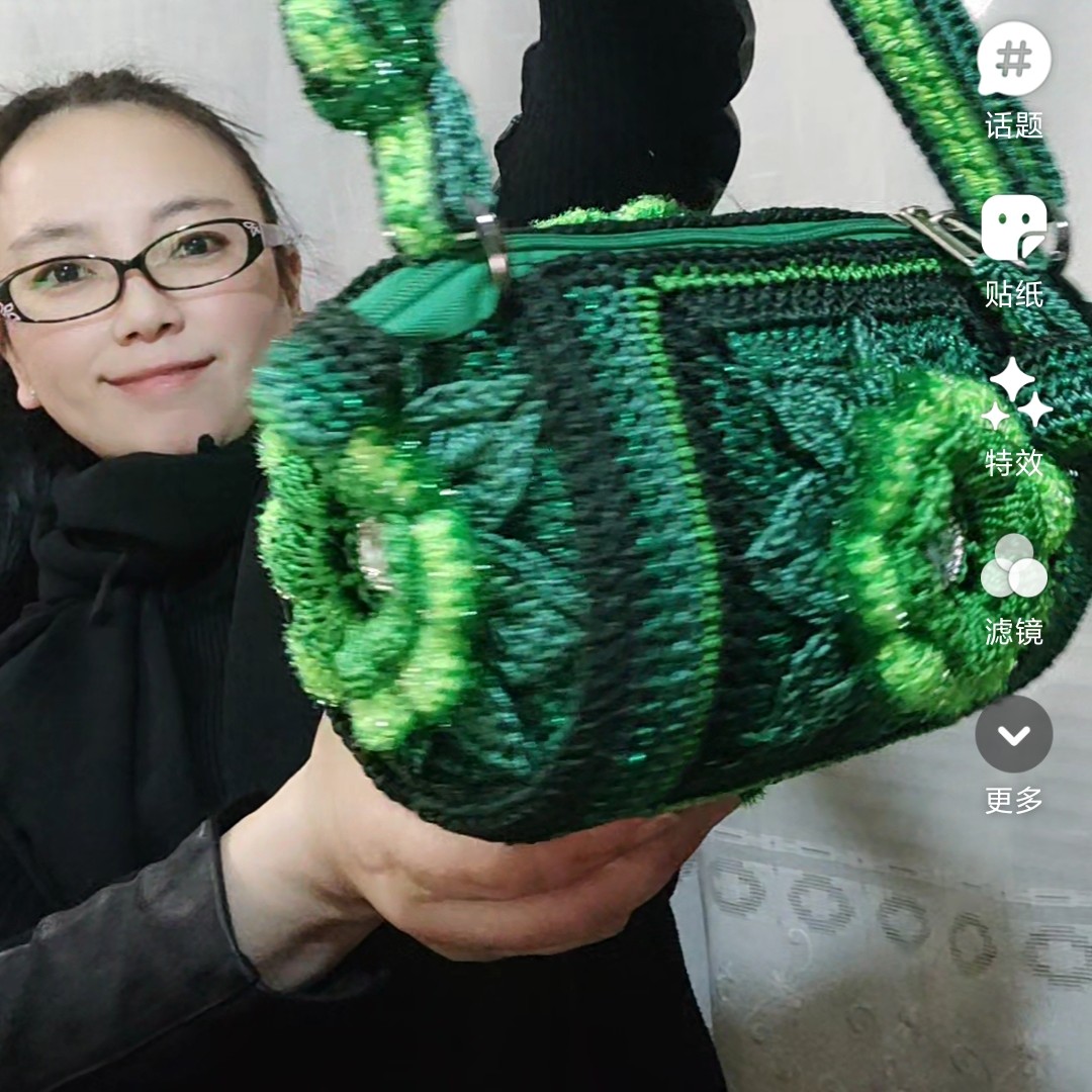 渐变绿色花朵腰鼓包材料包，配详细视频教程手工钩织编织DIY材料包