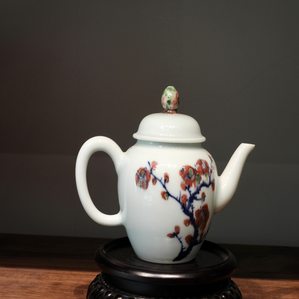 易炎窑陶瓷原创手工手绘气窑高温原矿釉下青花釉里红喜上梅梢茶壶