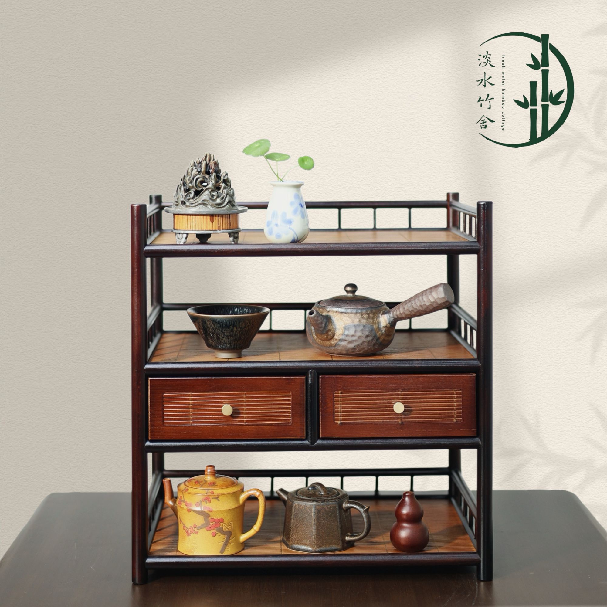 「汀兰」高山楠竹手工竹制茶水柜竹席编制双抽屉收纳置物博古架家用