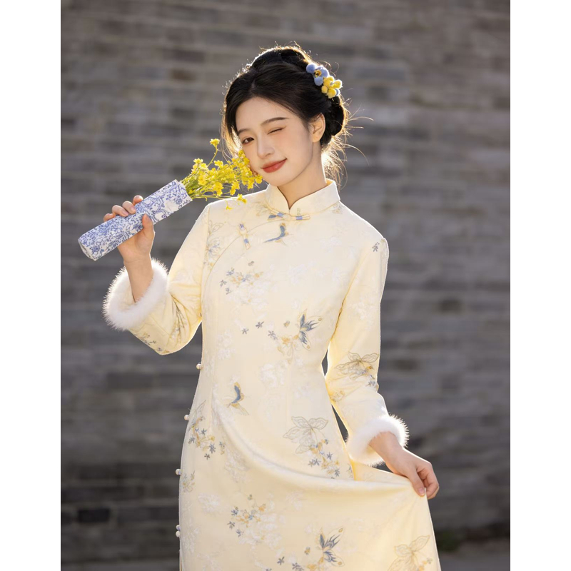 1619 黄色 缠结扣 【蝶攘蜂喧】  旗袍