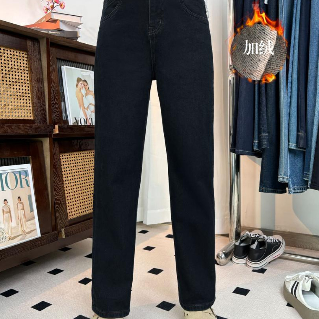 文文【735】花 65MWMA加植绒无弹里普洗黑窄版直筒牛仔裤~