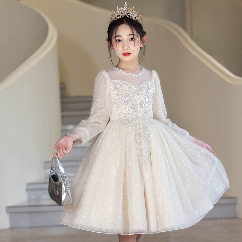 女童秋冬公主风女礼服走秀礼服裙长袖连衣裙洋气时尚表演主持裙子