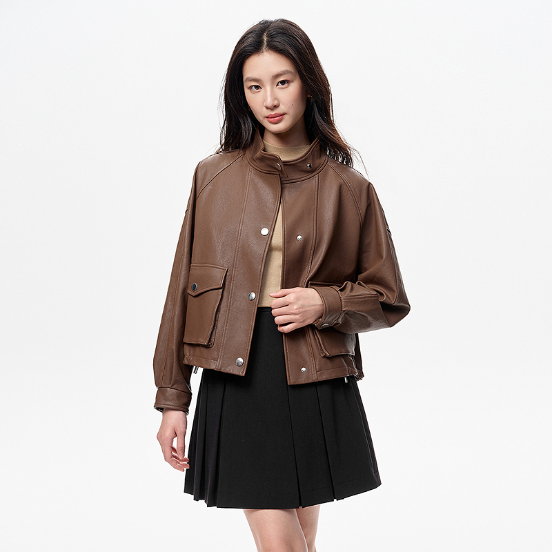 【晨粉专享价】珂莱蒂尔2025秋季新款美拉德时尚立领绵羊皮革短款