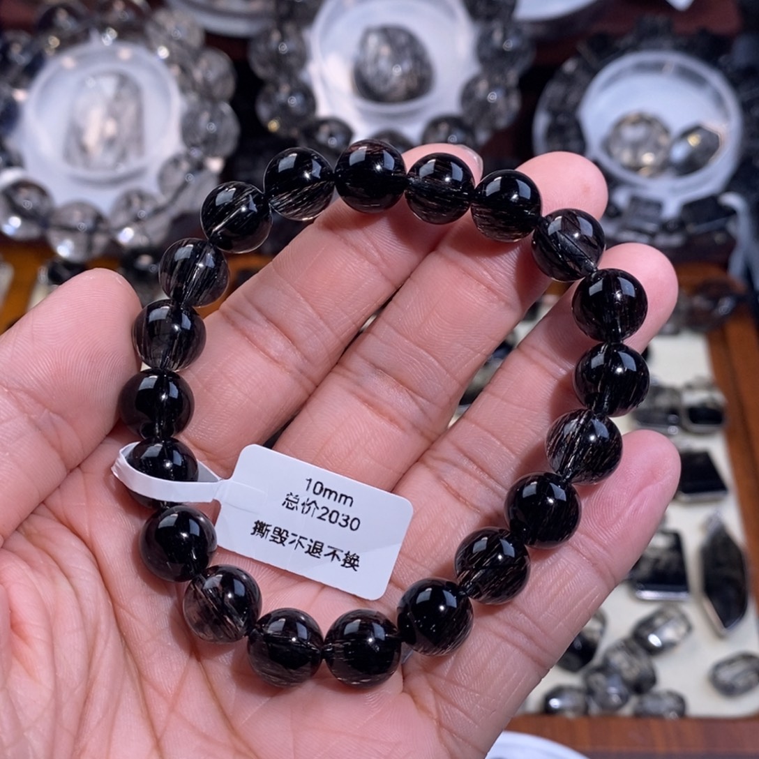 水晶手链未镶嵌黑发晶全透体满发顺发10mm毕业级