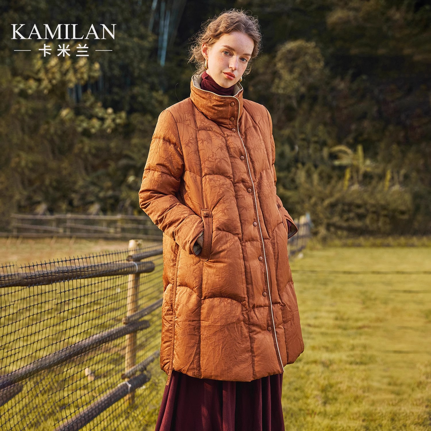 [鹅绒服]卡米兰提花白鹅绒羽绒服女2024冬季新款中长款羽绒外套