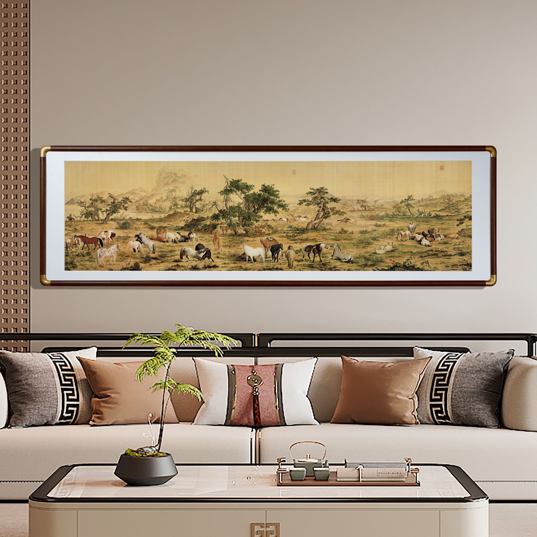 致绘仿铜角描金《百骏图》中式客厅背景墙茶室书房挂画骏马图装饰画