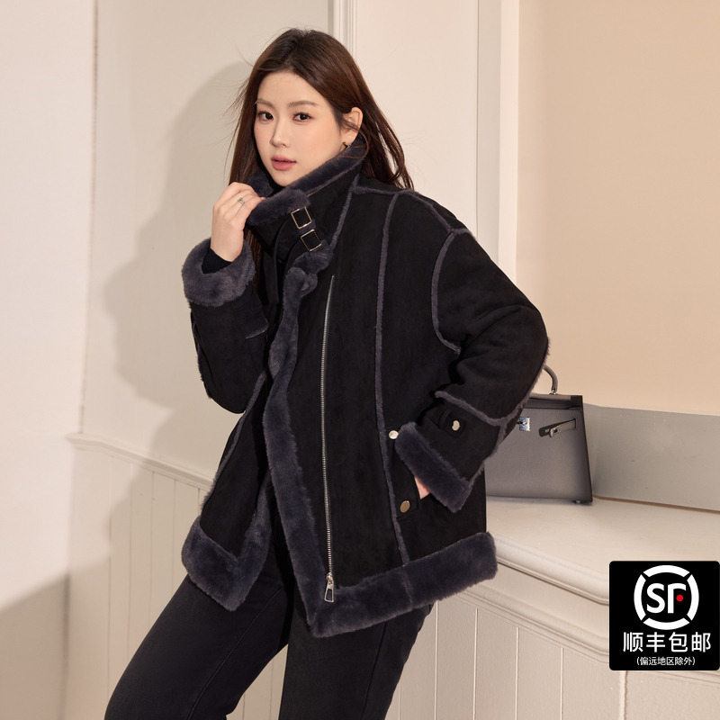 蓝语大码女装高级感立领保暖皮毛一体外套2025冬季黑色机车服上衣