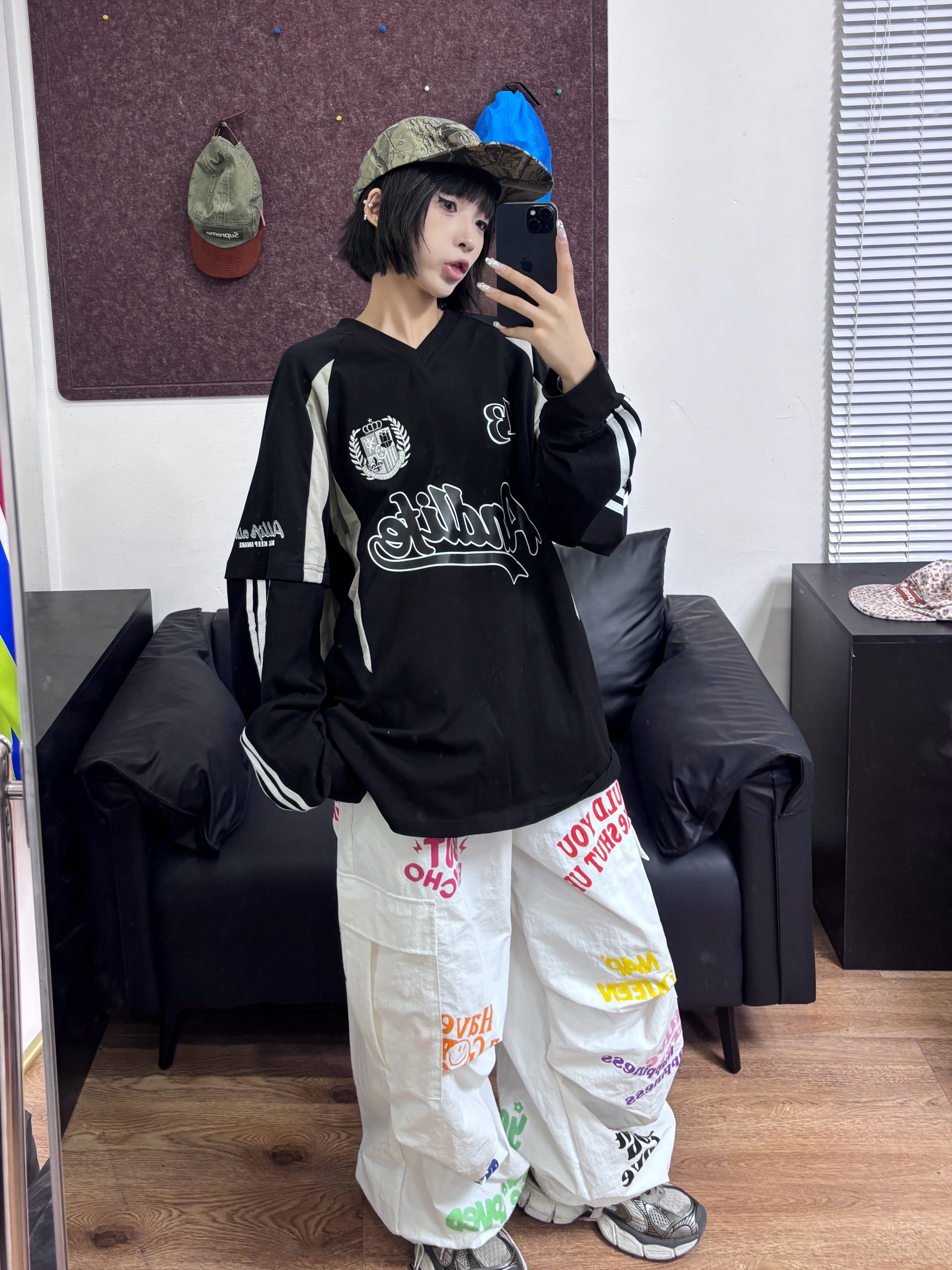 品牌设计三条杠拼接假两件球服长袖百搭打底衫