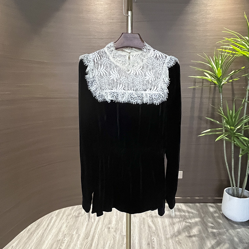 丝绒拼接蕾丝娃娃领松紧腰衬衣