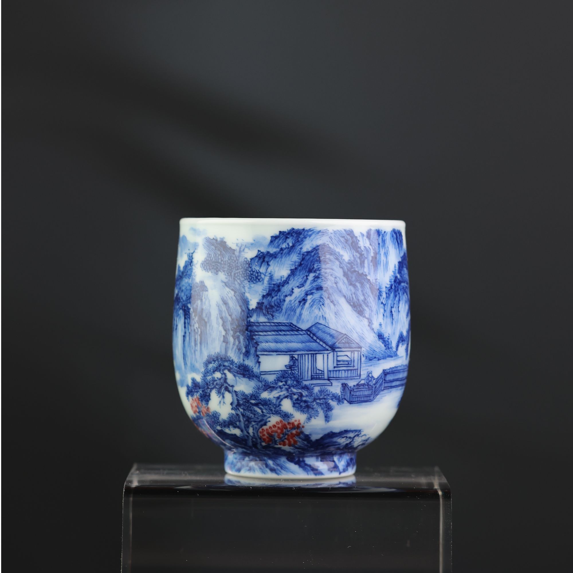 【阳春白雪】青花釉里红东篱秋色图闻香杯 纯手工 手绘 名窑 主人杯