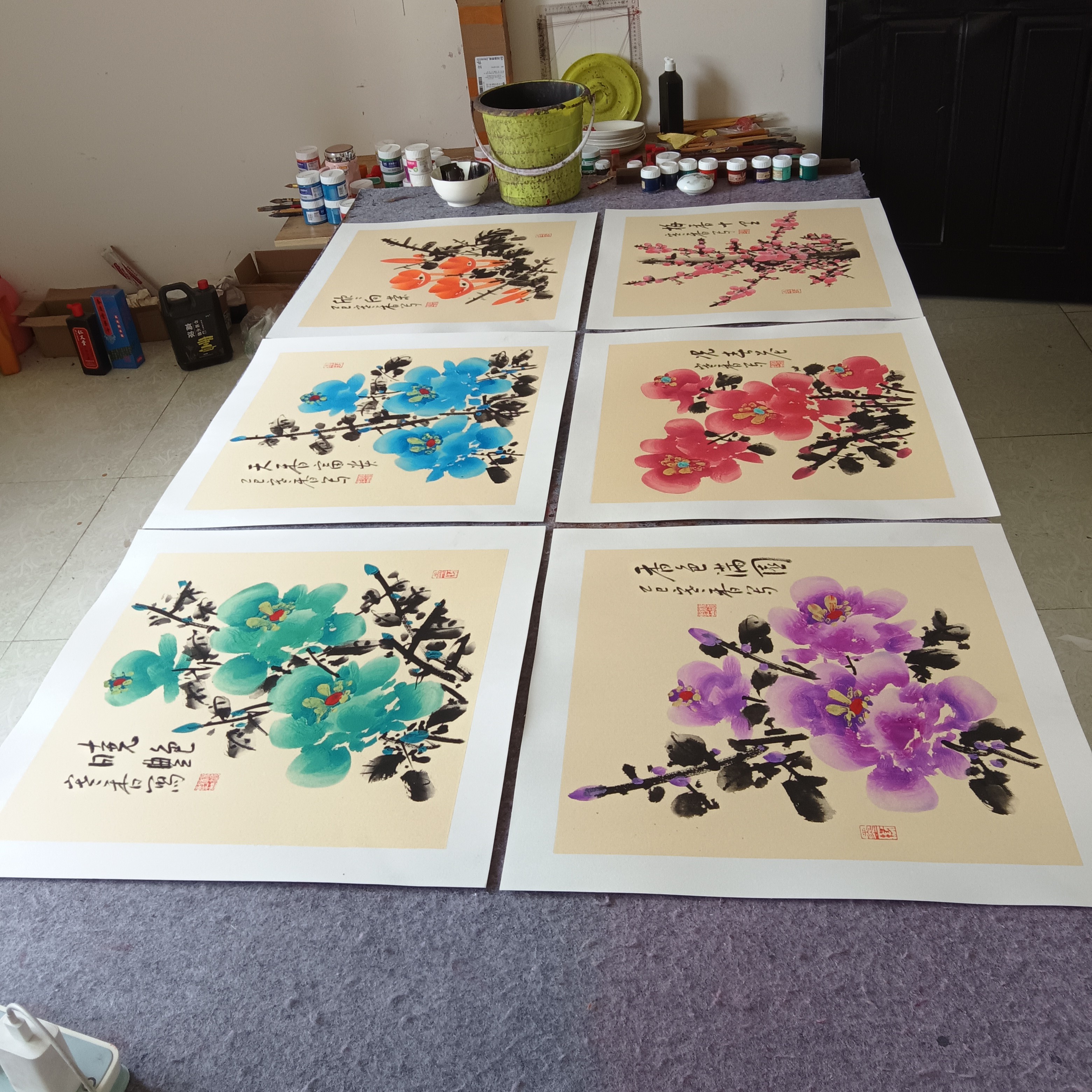 国画斗方客厅餐厅装饰画6张:50cm×50cm