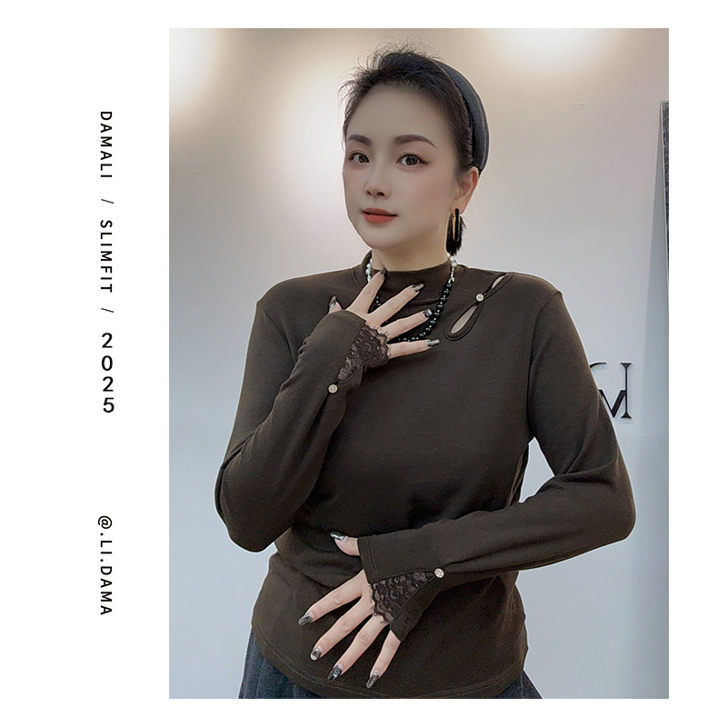 大码利-冬上新【锁骨镂空打底衫长袖】显瘦长袖上衣宽松