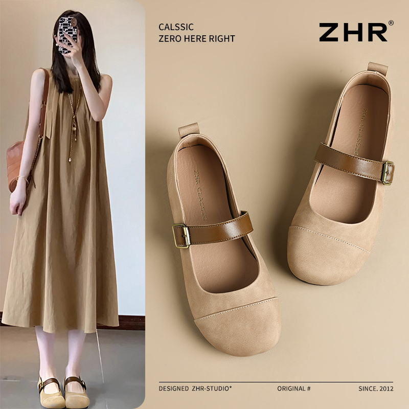 ZHR/则则浅口单鞋女2025百搭新款圆头平底勃肯鞋配裙子玛丽珍女鞋