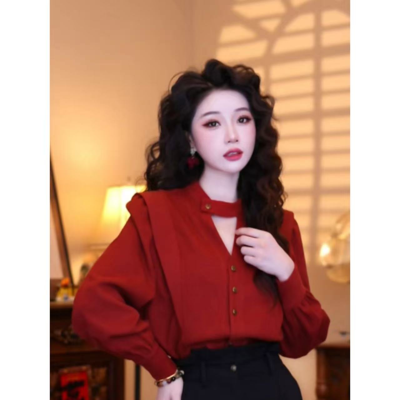 蒋肉肉【琥珀时光】港味复古时尚气质设计感春秋长袖上衣03148