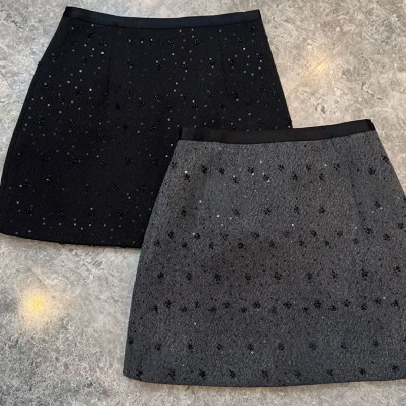 羊毛呢亮片烫钻半身裙女2025秋冬款百搭高腰显瘦包臀A字短裙