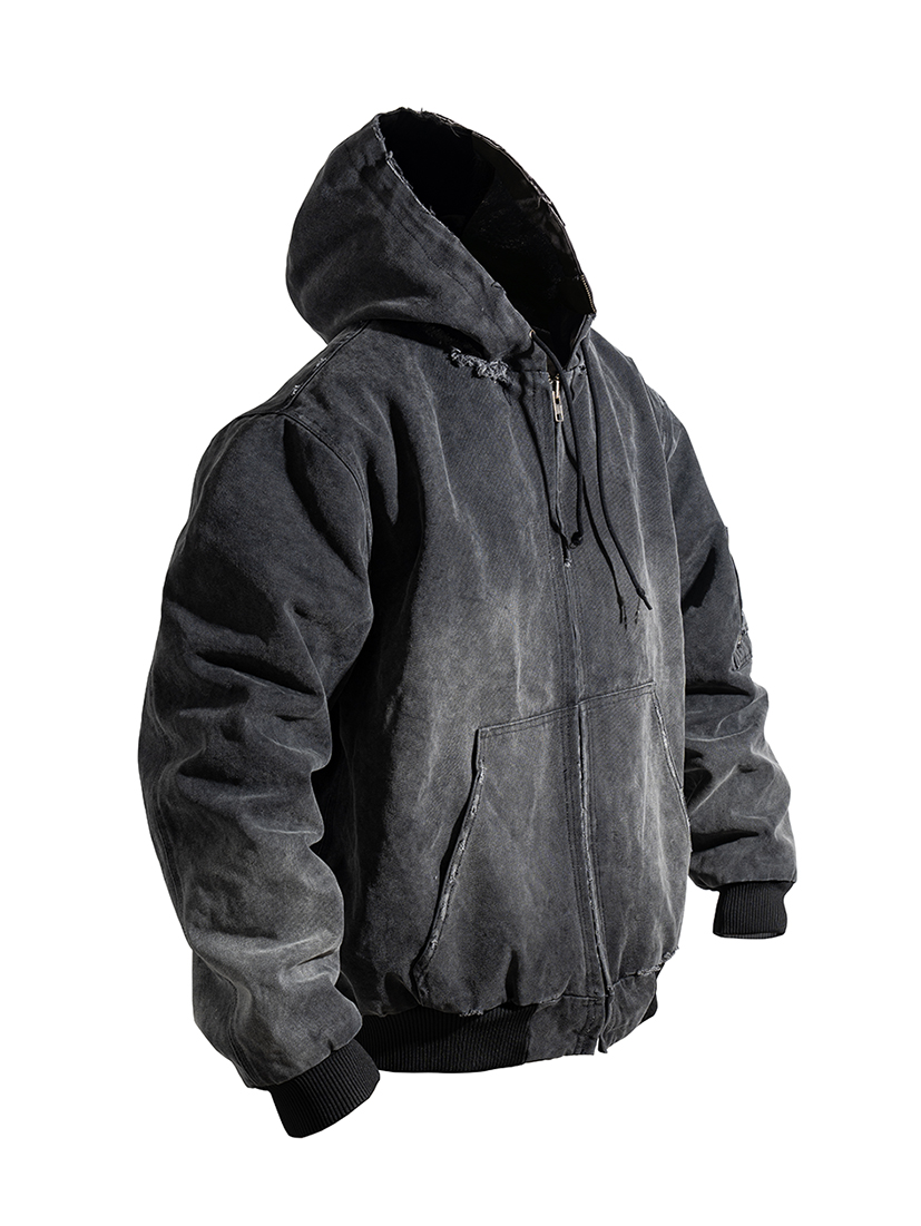 BYEFORNOW洗水做旧重磅加绒做旧美式连帽夹克cleanfit