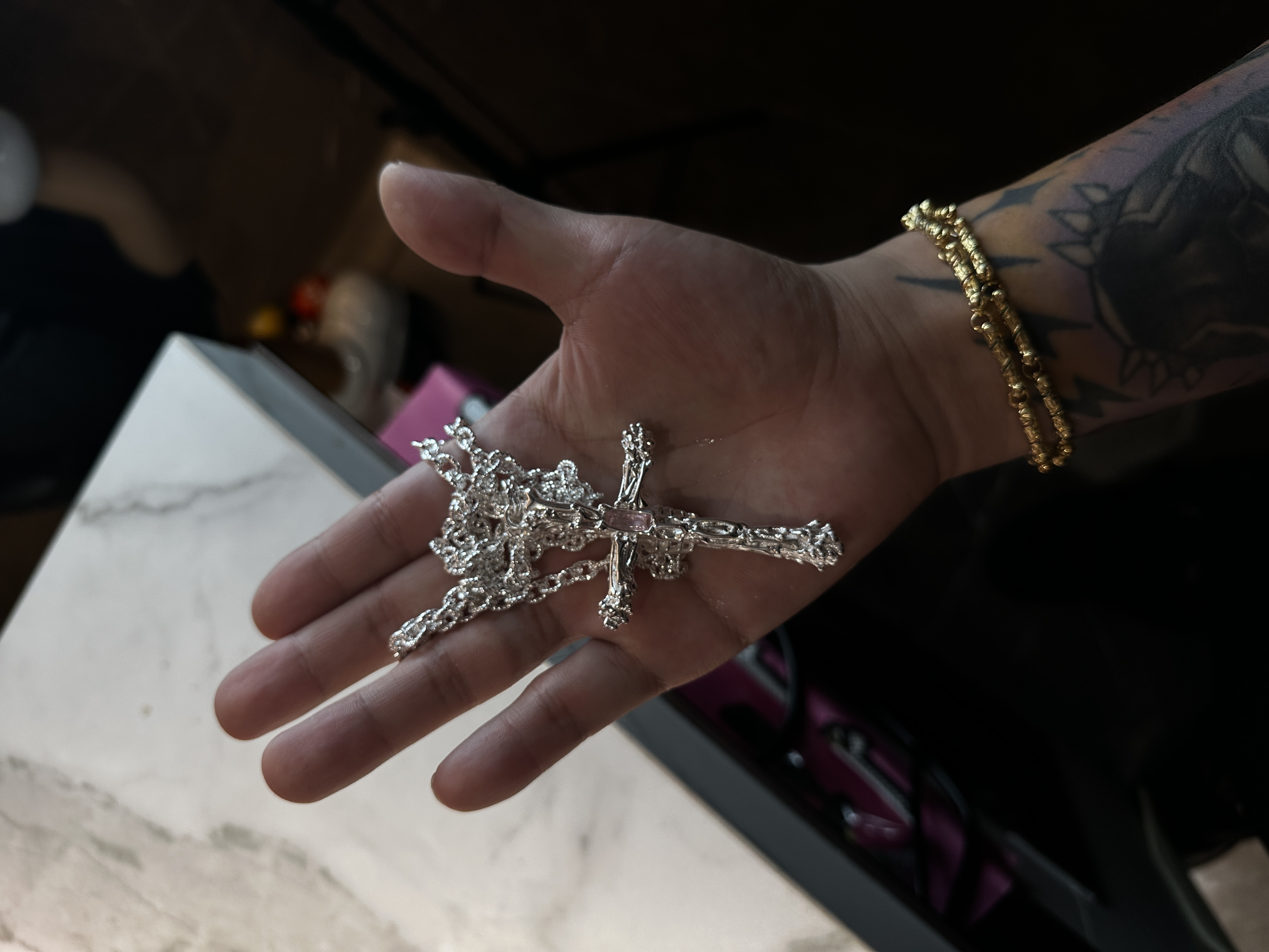 合金项链 【涅槃 冰雪贪婪 项链】奶白十字粉锆项链国潮风发银色