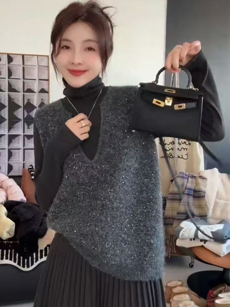 针织亮片背心马甲秋冬大码胖MM无袖保暖V领慵懒休闲