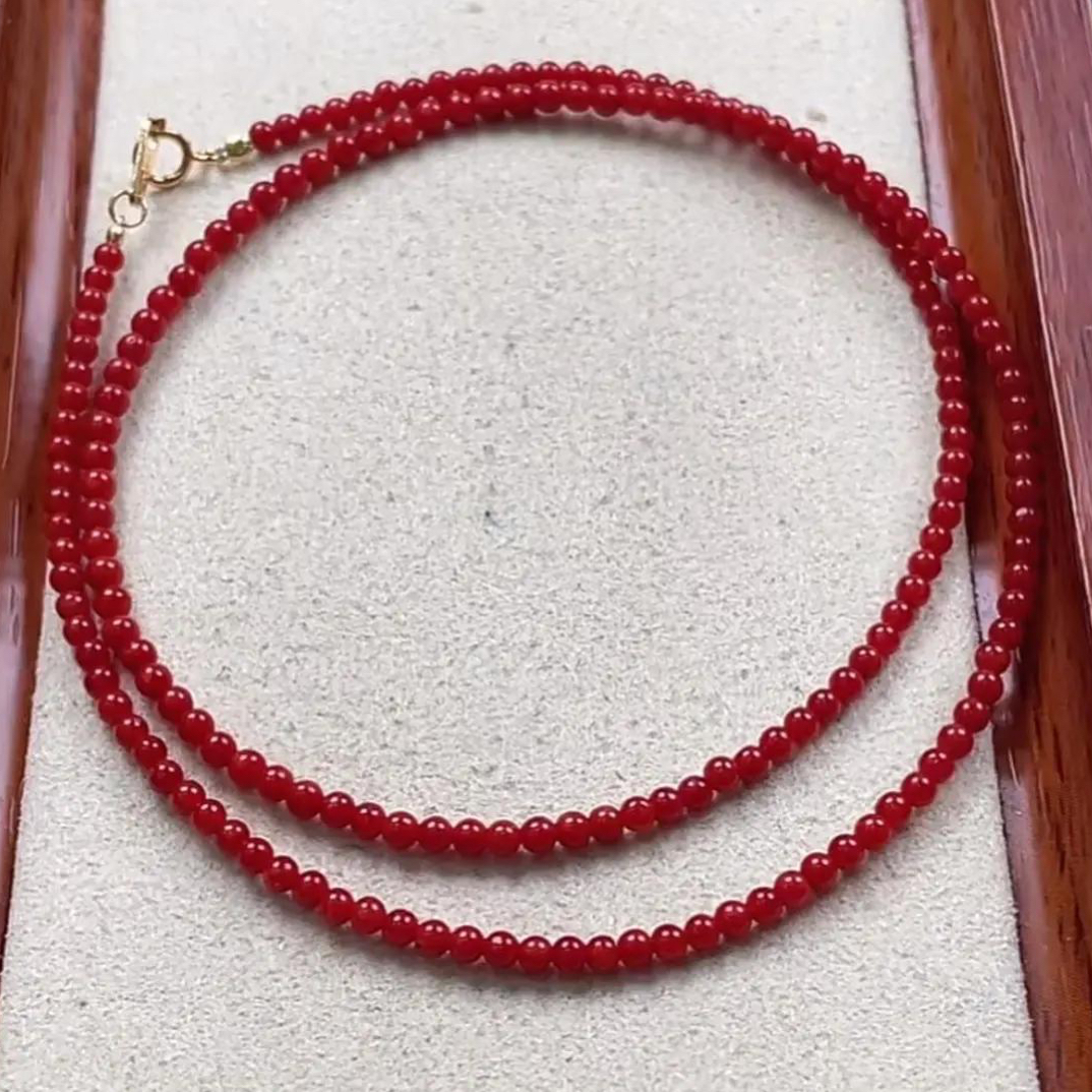 天然红珊瑚沙丁小米珠深红色项链2.8mm
