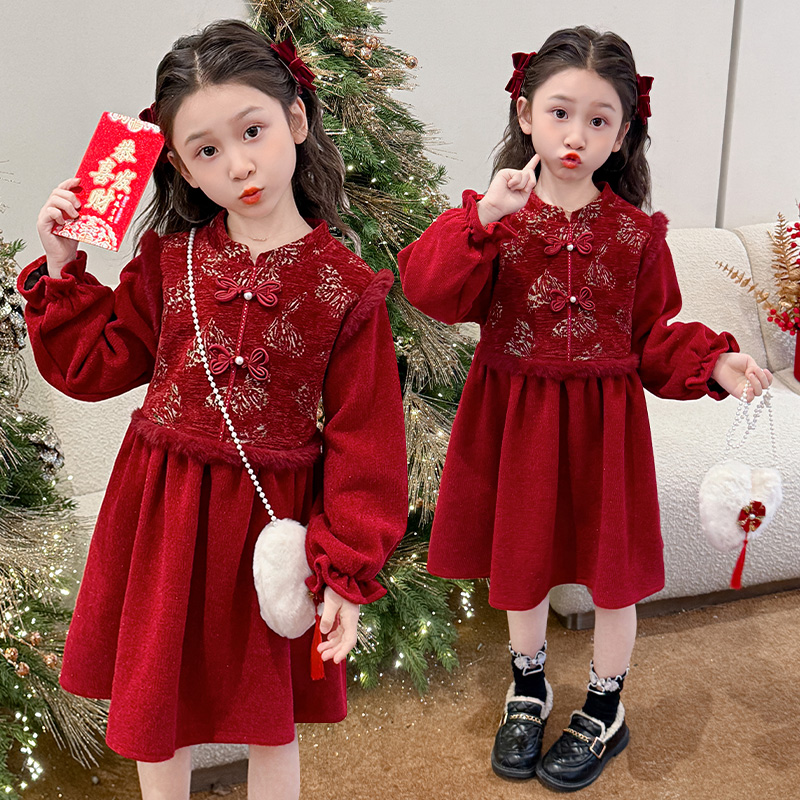 拜年服女童加绒连衣裙秋冬2024新款儿童冬装女宝宝冬季中国风裙子