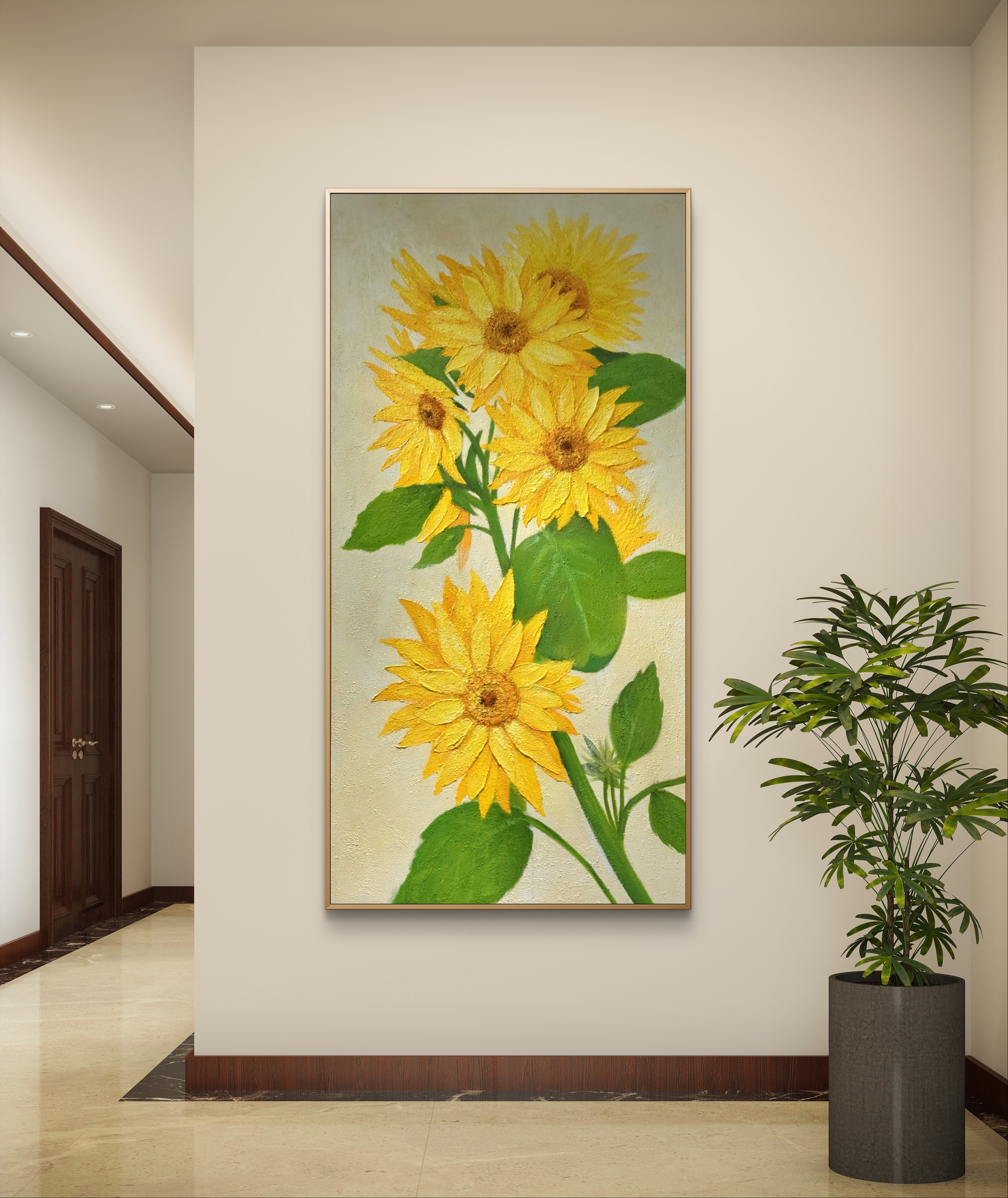 《金阳之花》油画布纯手绘客厅玄关竖版挂画